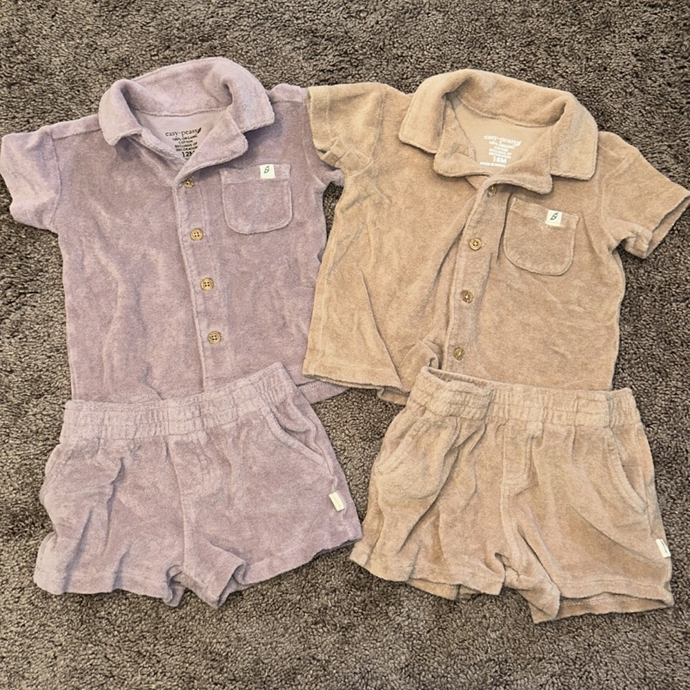 Easy Peasy organic cotton 2 piece purple and tan matching twin sets 12m